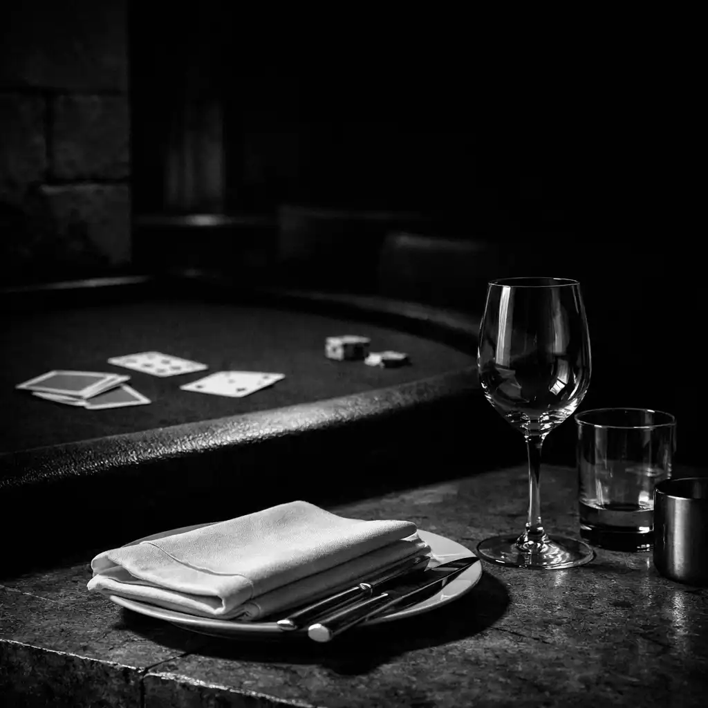 Folded linen and glassware at a restaurant table beside the edge of a dark felt card table