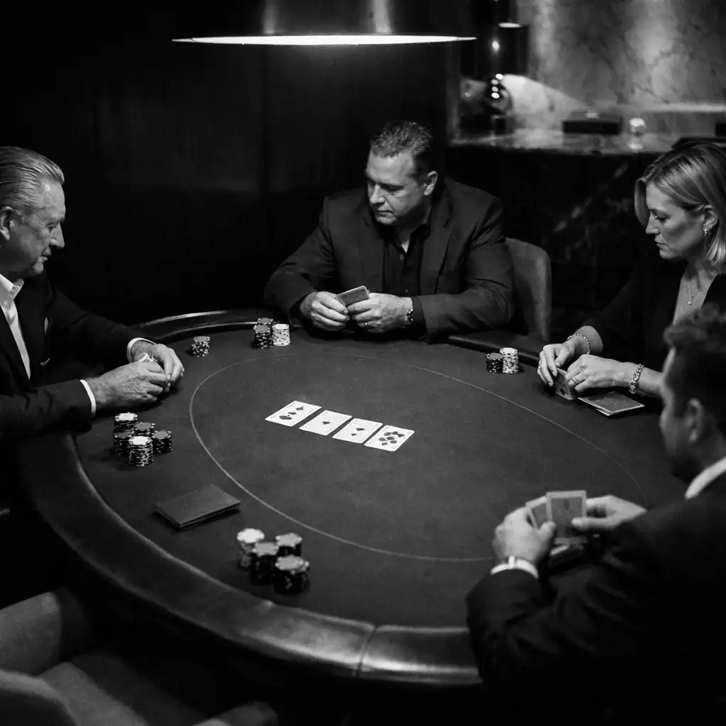 A calm in-person gathering around a real poker table in the Card Lounge