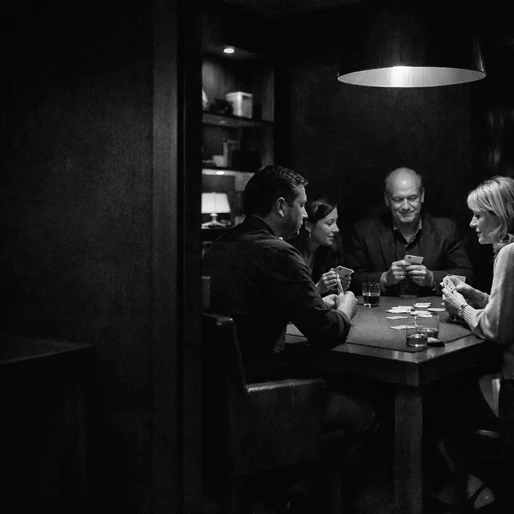 A small calm group seated around a real table in Marble and Linen’s Card Lounge