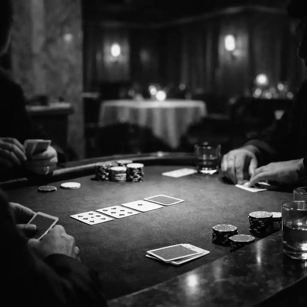 A real card lounge table with hands, linen, cards and subdued physical chips
