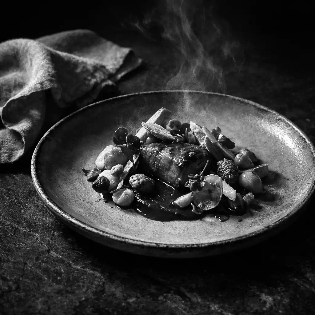 A composed plated selection on dark stone beside folded linen