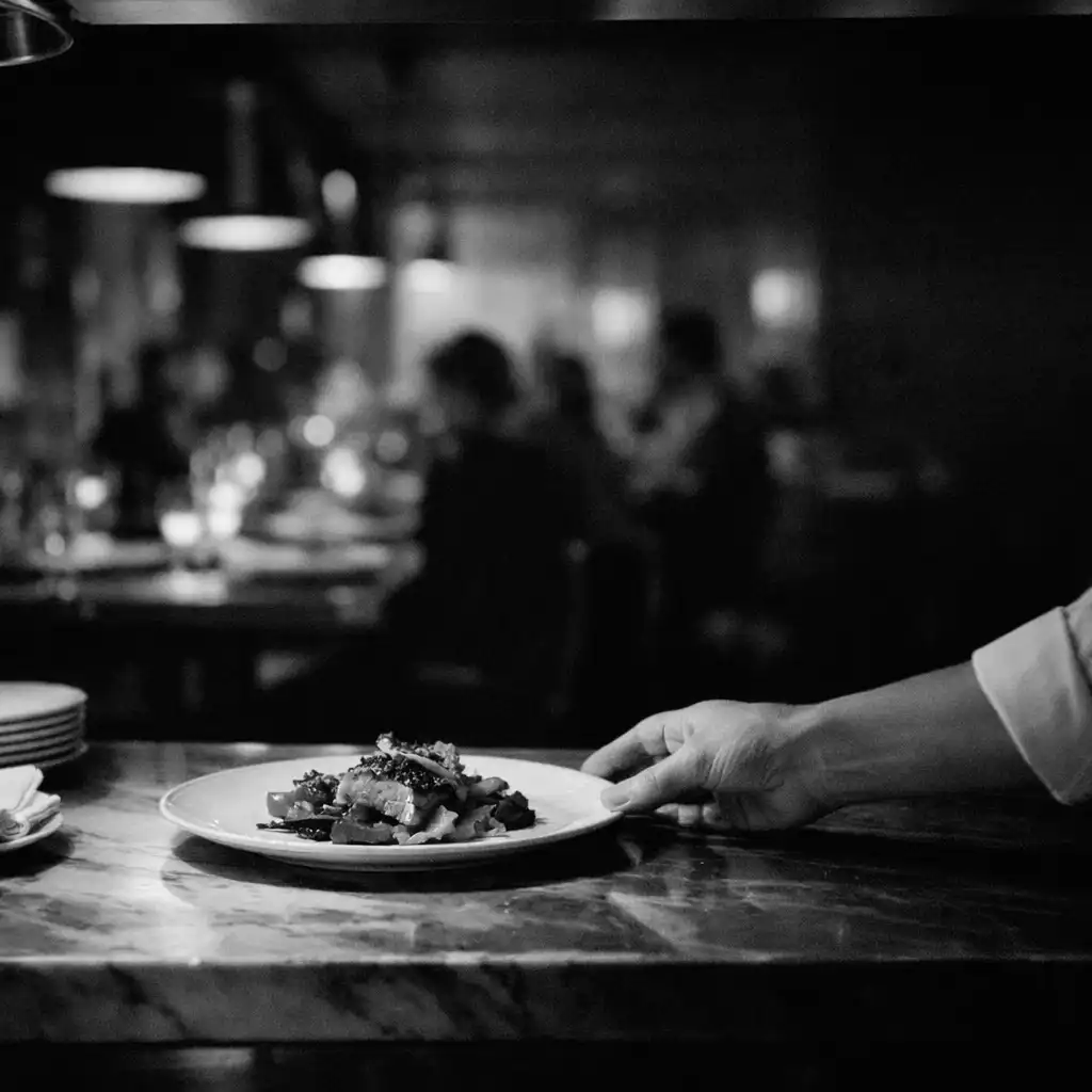 A plated dish at the restaurant pass with a server's forearm reaching toward it