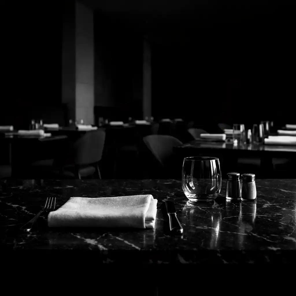 Quiet restaurant dining room with marble table, folded linen and simple place settings