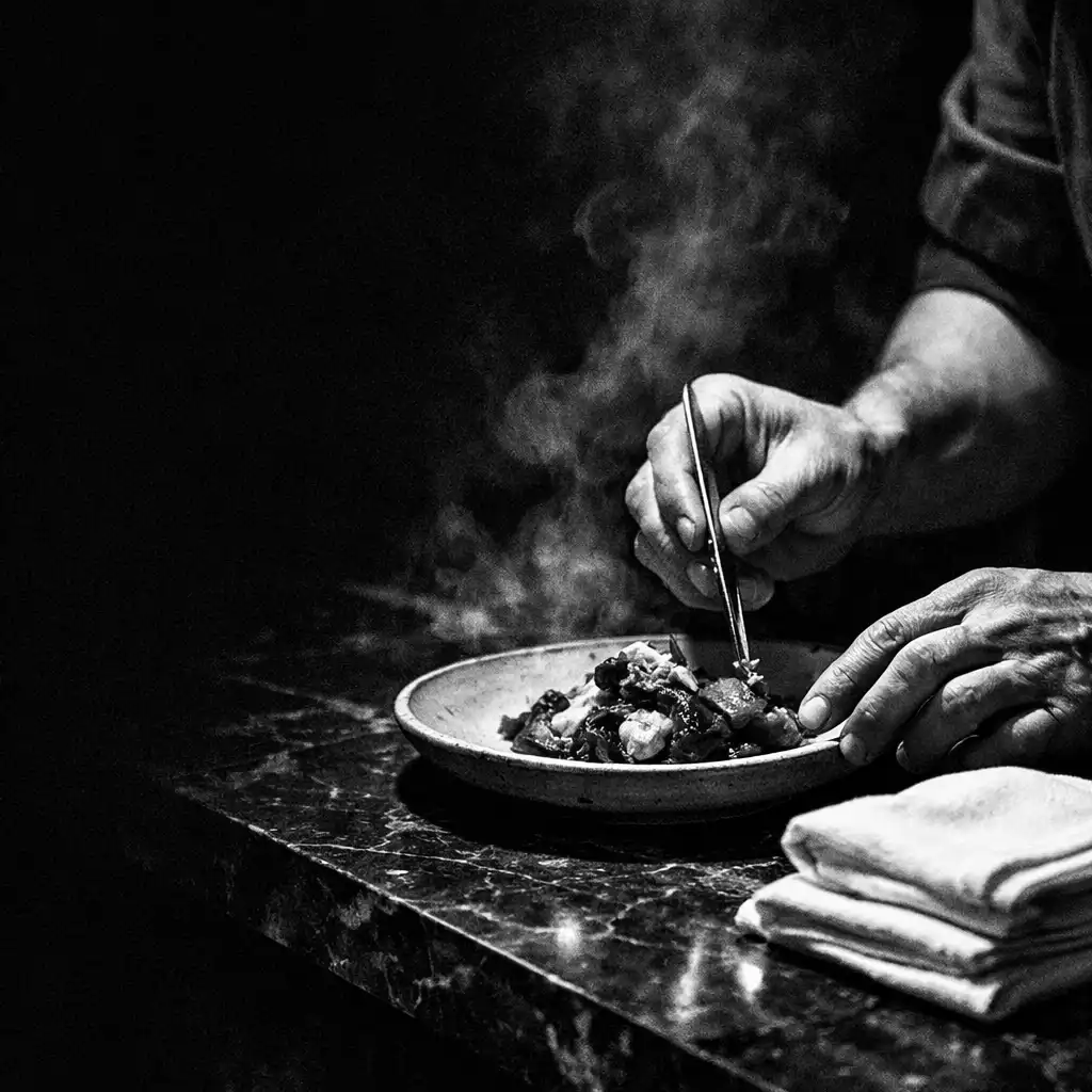Chef's hands finishing a plate beside marble and folded linen at the restaurant pass