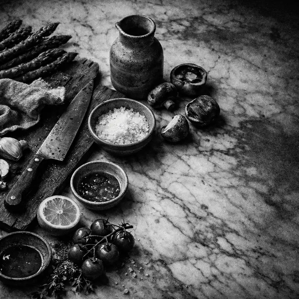Ingredients, linen, a knife and ceramic vessel arranged on a veined marble work surface