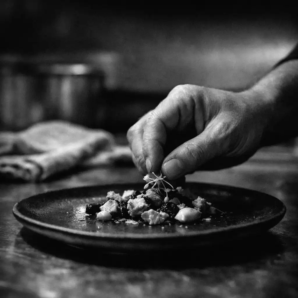 A hand placing a final detail onto a dark ceramic plate in the restaurant kitchen