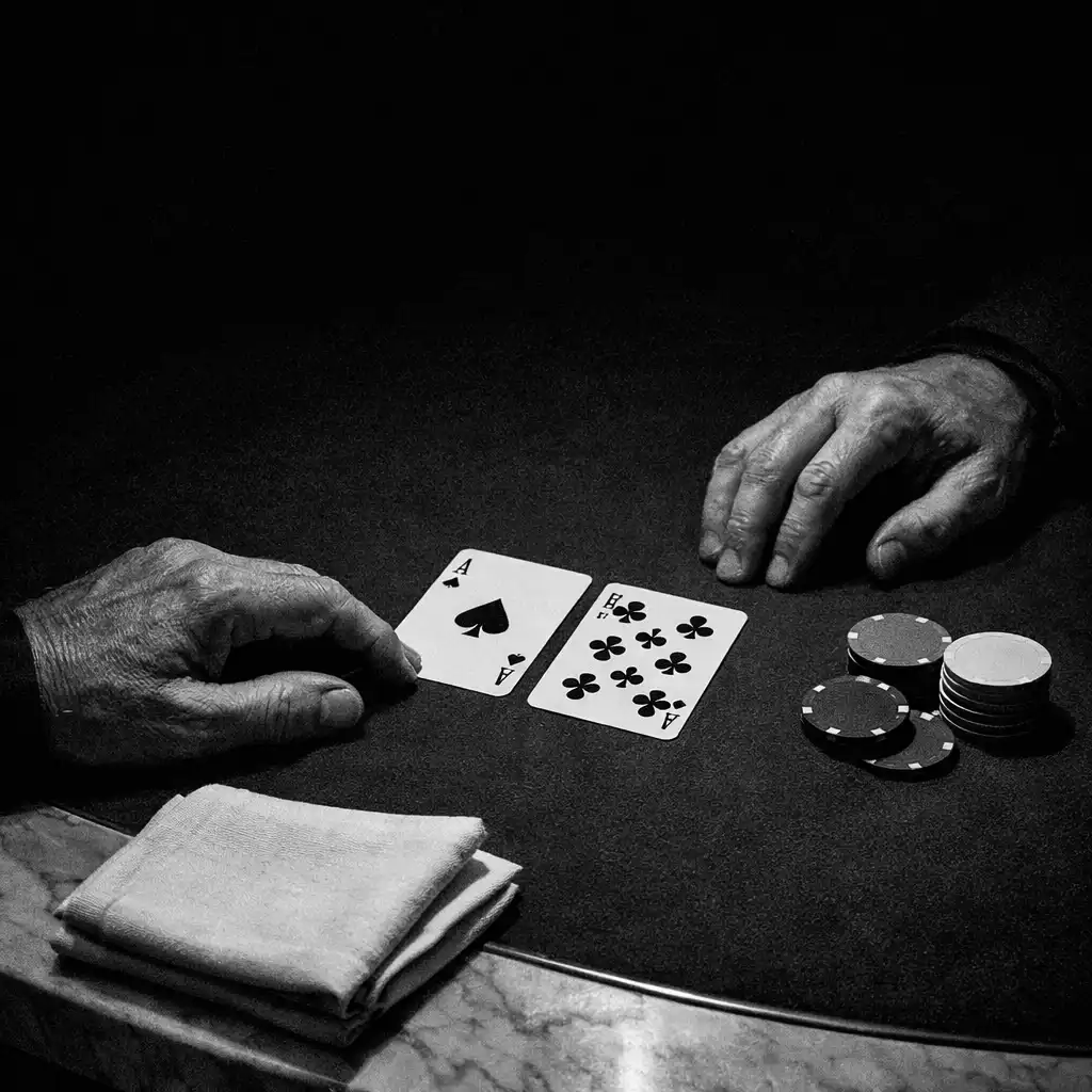 Hands, cards, linen and a marble edge on a real poker table in the card lounge
