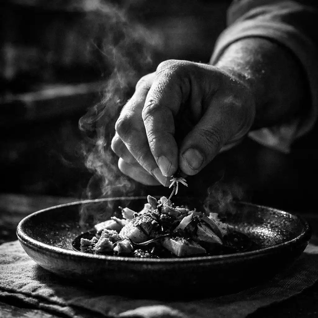 A final hand adjustment to a plated chef selection