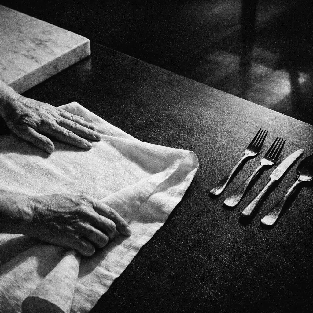 Hands smoothing linen over a restaurant table before service