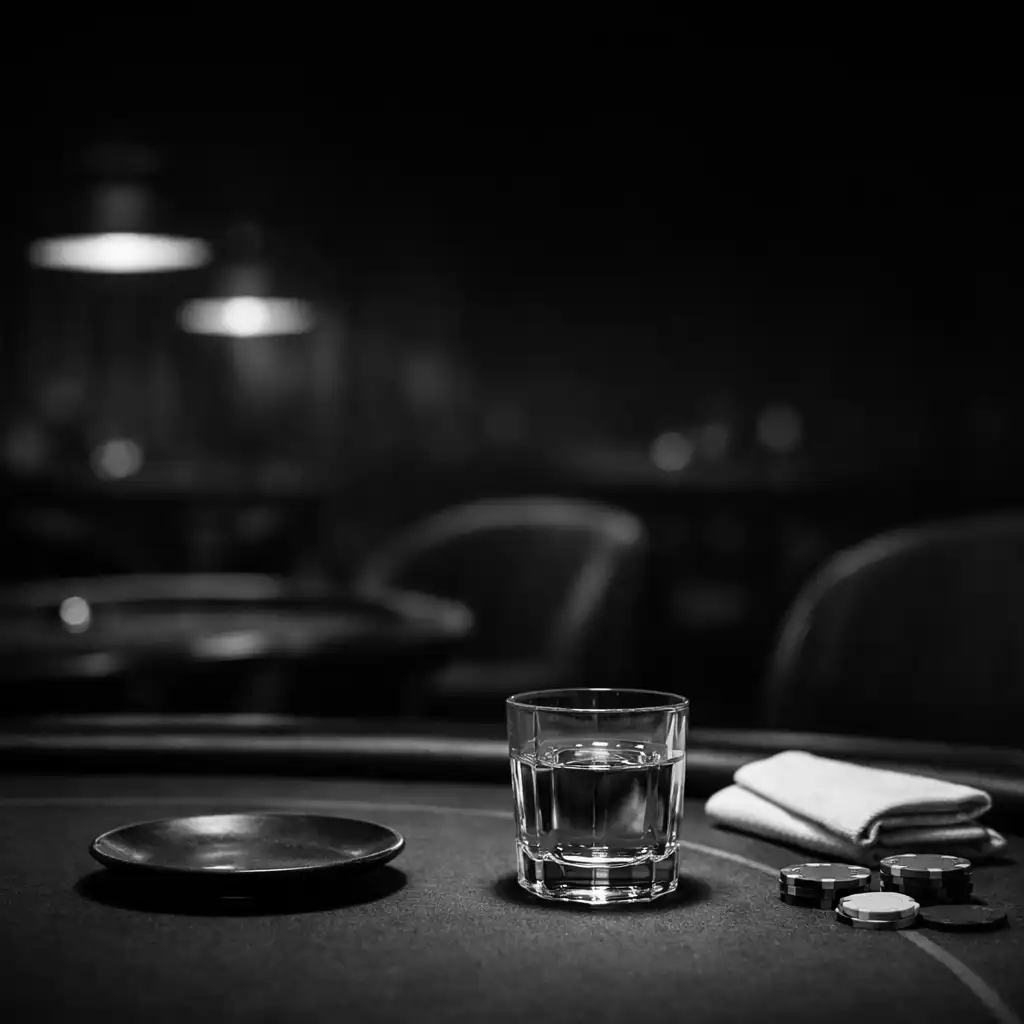 Small plate and water glass on a felt-topped poker table in Marble and Linen's card lounge