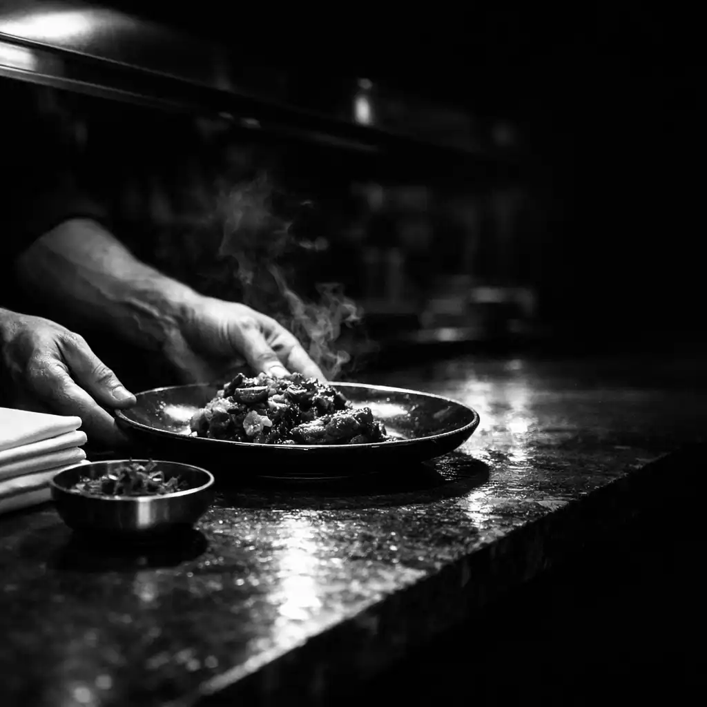 Cook's hands placing a finished plate beside folded linen at a restaurant pass