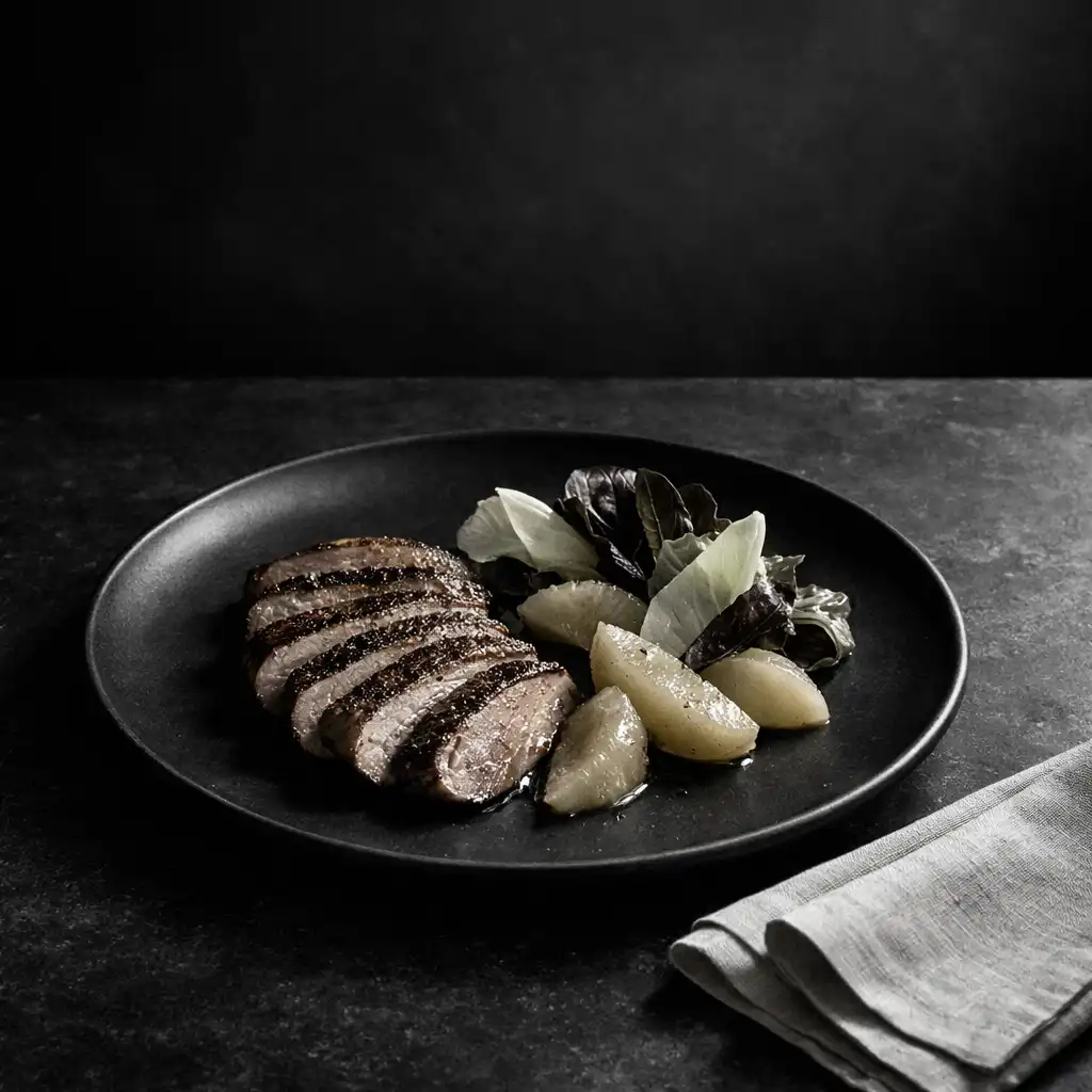 Duck with quince and bitter leaves on dark ceramic beside folded linen