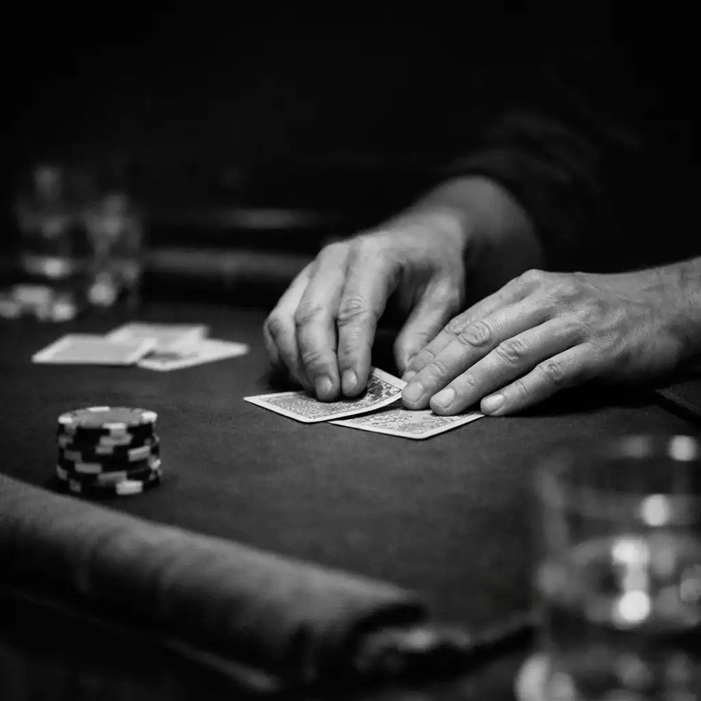Hands arranging cards on dark felt beside folded linen at a hosted poker table