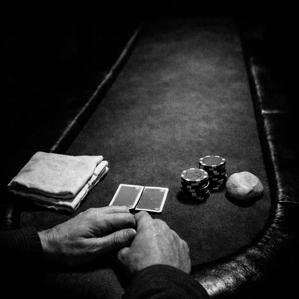 Hands resting beside cards and folded linen on a real poker table in the card lounge