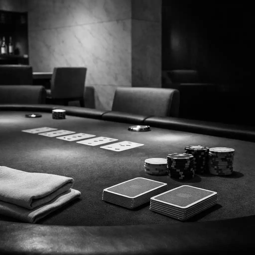 Prepared poker table with felt, linen, cards and chairs in Marble and Linen