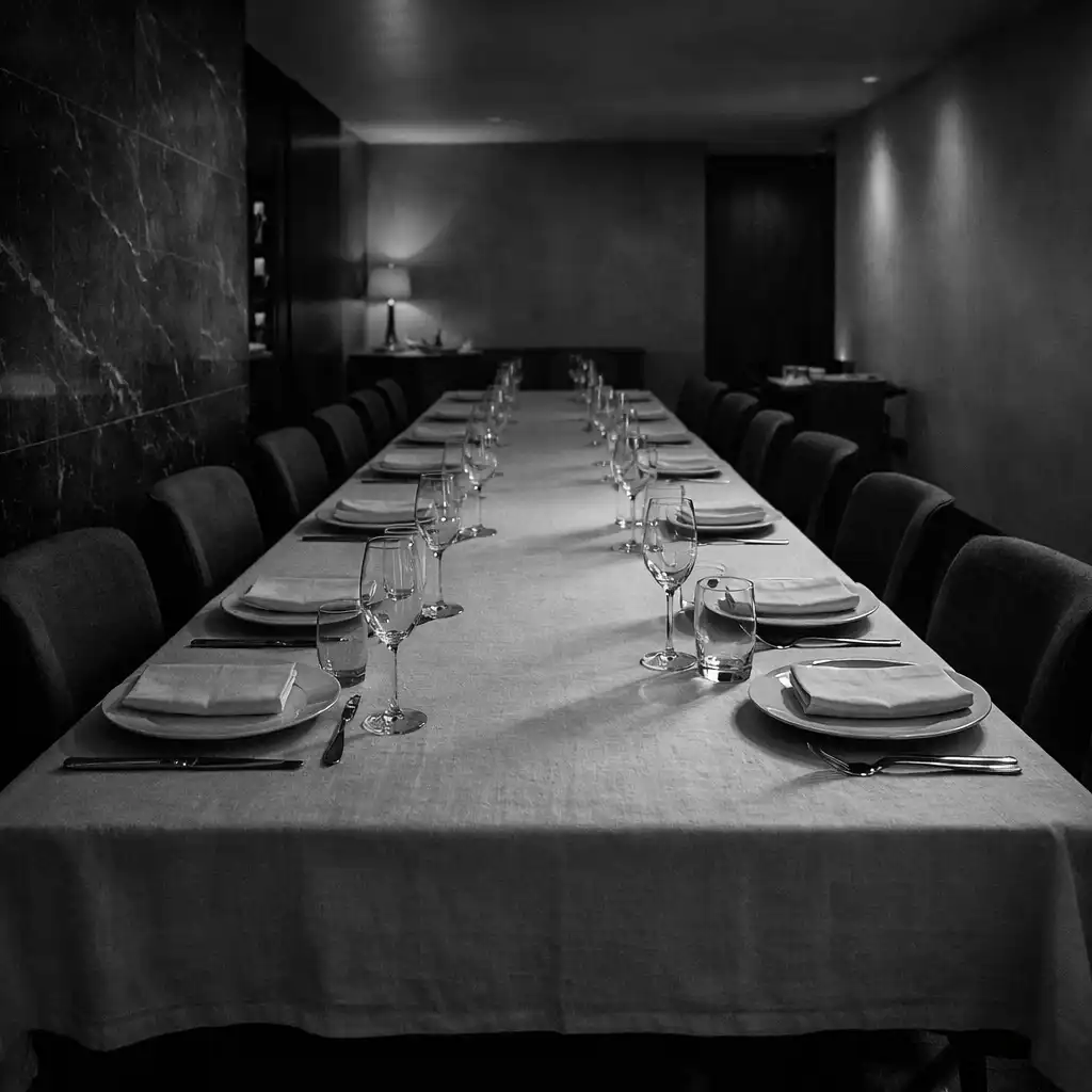 A long linen dressed restaurant table prepared before a private gathering