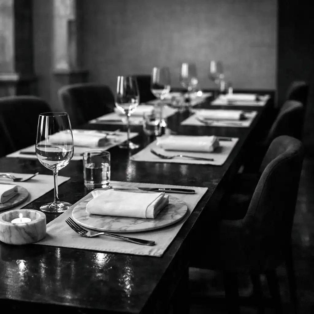 A quiet monochrome dining room with a dark table, linen, marble detail and low reflected light.