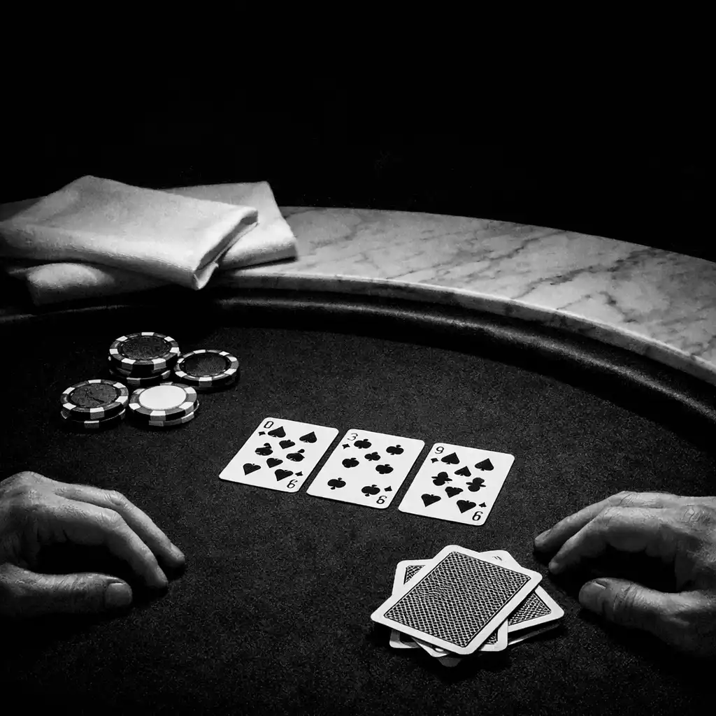 A linen-covered poker table with cards, hands, marble detail and physical chips as table props.