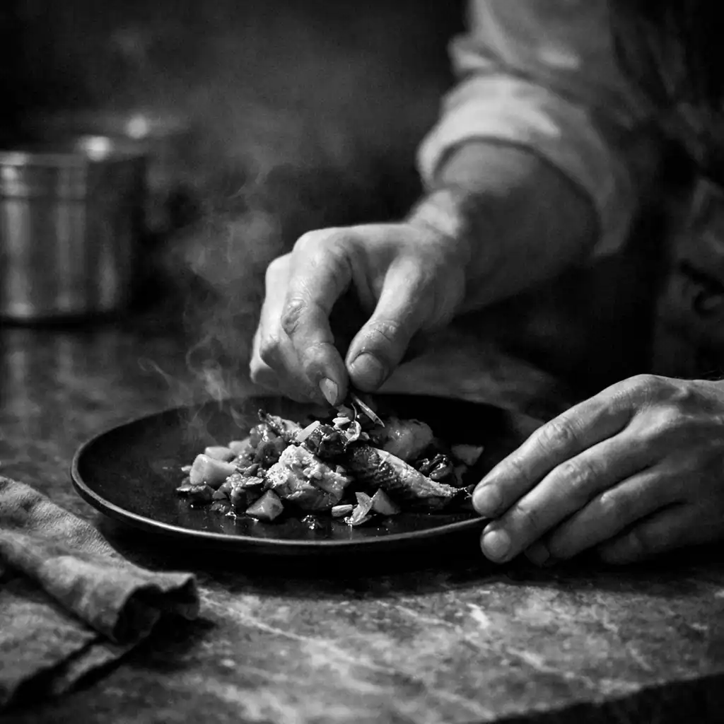 Chef hands making a final adjustment to a plated dish on a dark kitchen pass.
